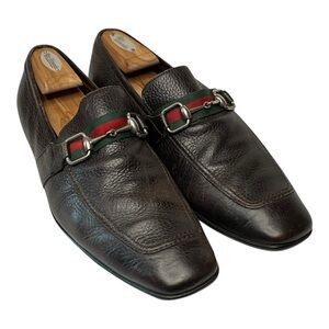 Gucci Dark Brown Leather Horsebit Loafers with Green and Red Accents